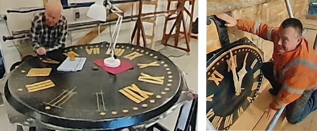 Person refurbishing clockface and person reinstalling clockface