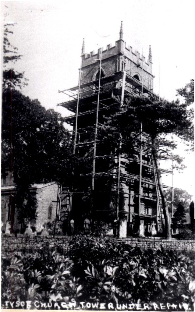 Church tower with scaffolding in 1912