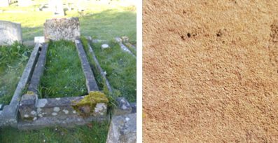 A kerbed grave plot on the left and a closeup of its structure to the right