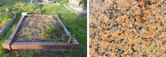 Kerbed grave plot on the left, closeup of the stone's consistency on the right