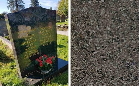 Gravestone with red flowers in front, and a closeup of the stone's structure to its right
