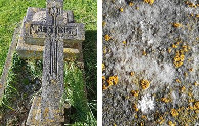 Cross-shaped memorial to the left, and a close-up of its composition on the right
