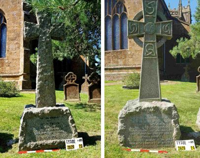 Two memorials in the form of crosses atop heavy bases