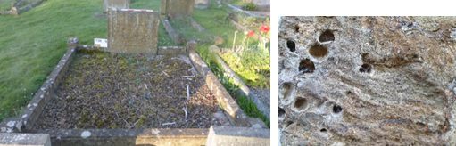 Kerbed grave with headstone to the left; close-up of stone's composition on the right