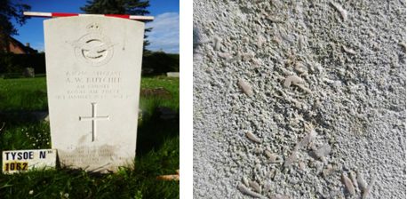 Headstone on the left and a closeup of its composition on the right