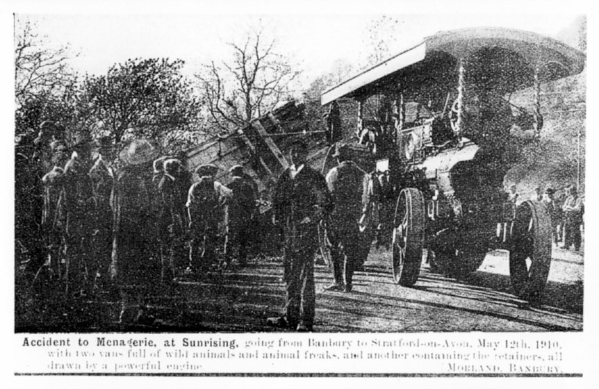 Newspaper item featuring an accident involving a traction engine and trailer