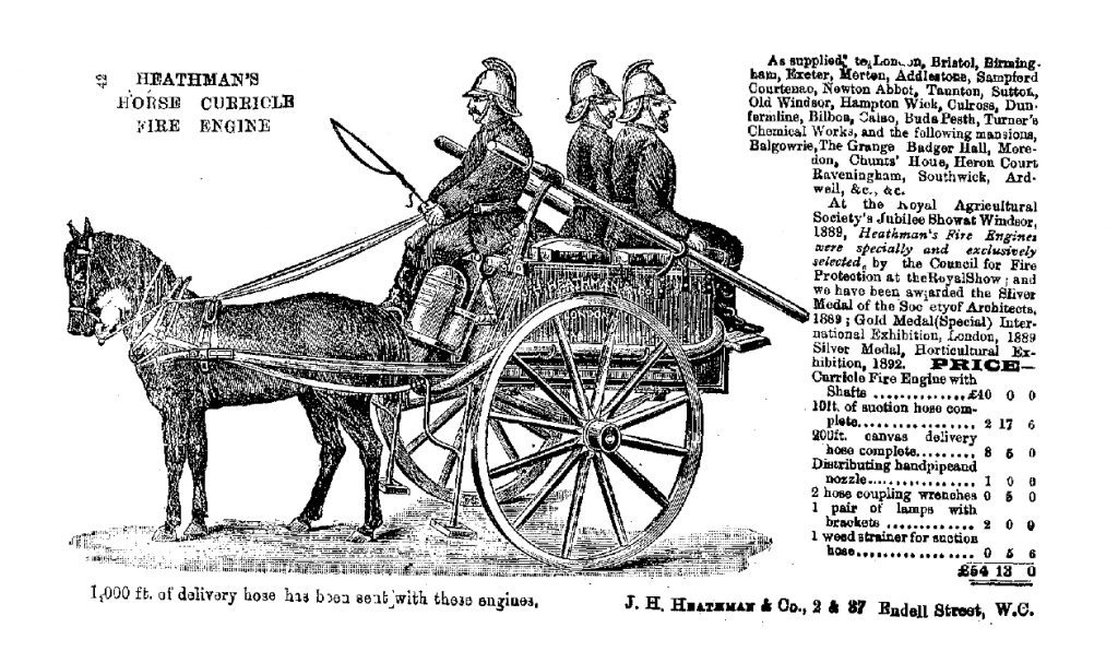 Newspaper cutting featuring a horse-drawn fire engine