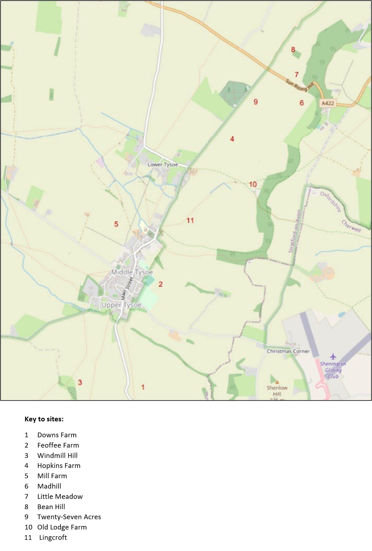 Map of Tysoe area showing locations surveyed