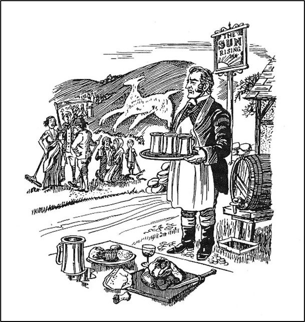 Barman with tray of drinks. Customers in front of stylised horse.