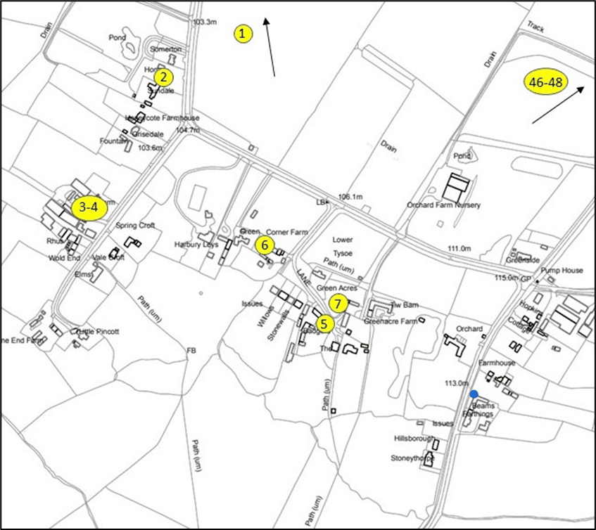 Map giving location of listed buildings