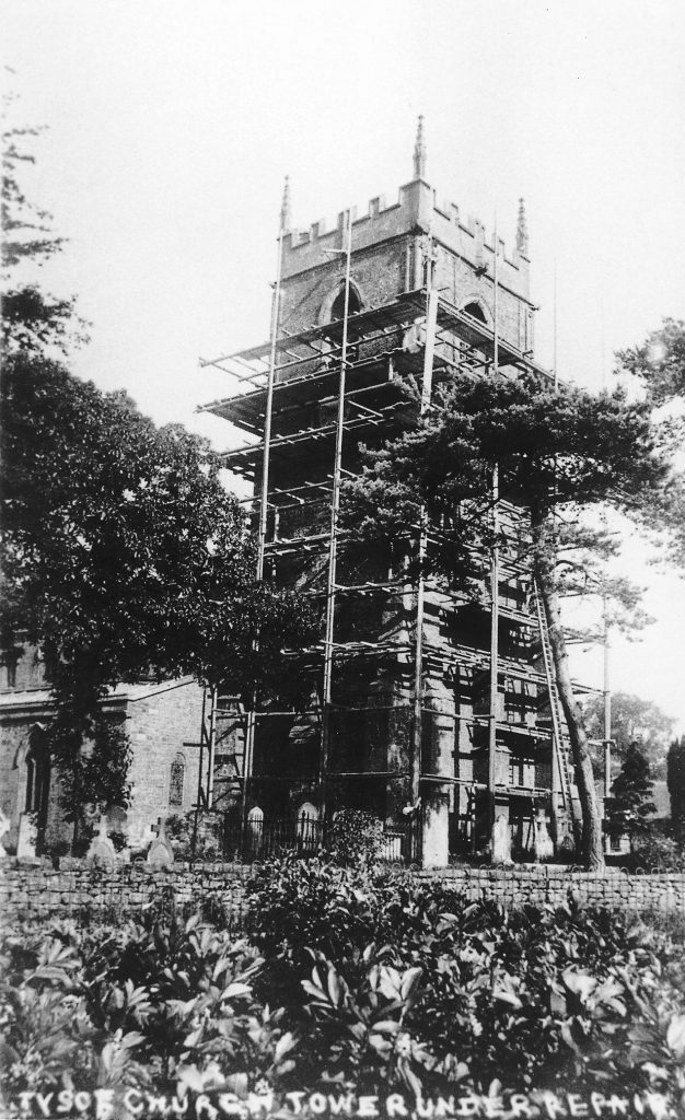 Church tower under scaffolding