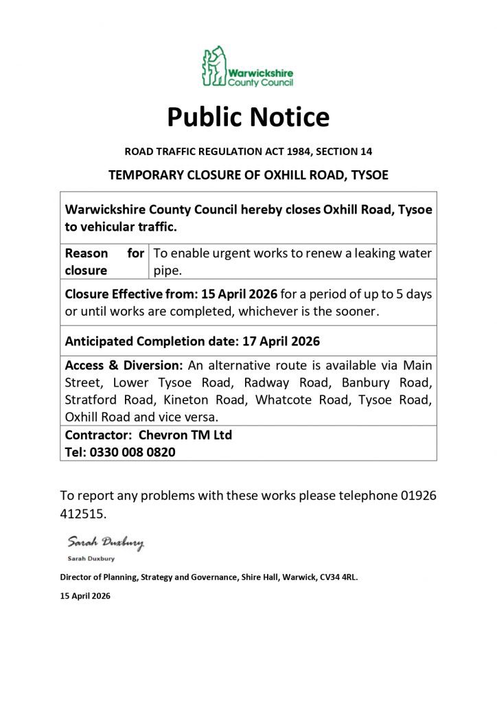 Oxhill Road - closure 15-17th April
